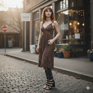 VINTAGE Brown Fairy Grunge Y2K Lace Babydoll Faux Wrap V-Neck Slip Dress SMALL